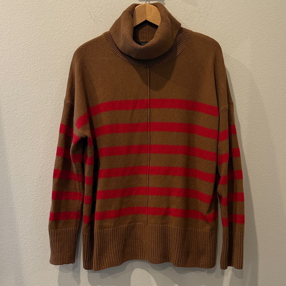 Banana Republic Brown and Red Cotton Blend Turtleneck Striped Sweater Size Large